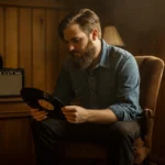 A bearded folk singer in a rustic room thoughtfully examines a vinyl record, with an acoustic guitar nearby.