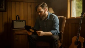 A bearded folk singer in a rustic room thoughtfully examines a vinyl record, with an acoustic guitar nearby.