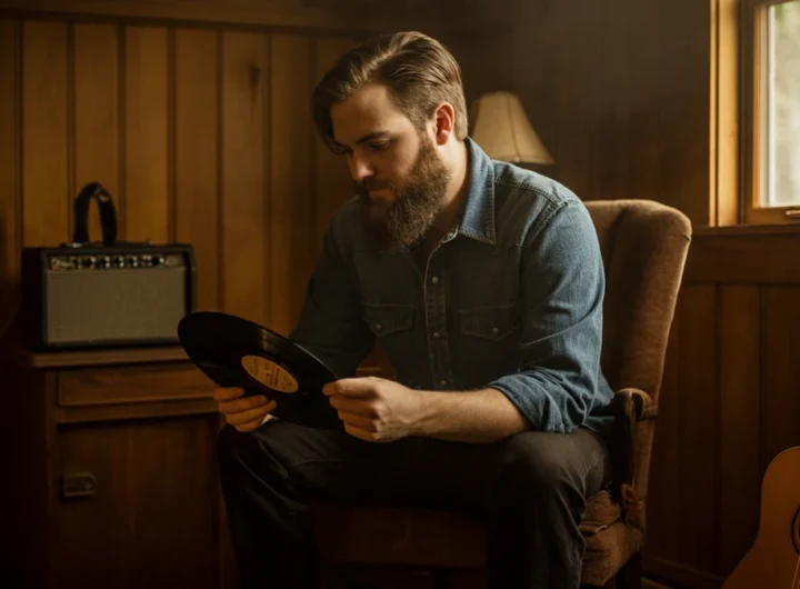 A bearded folk singer in a rustic room thoughtfully examines a vinyl record, with an acoustic guitar nearby.