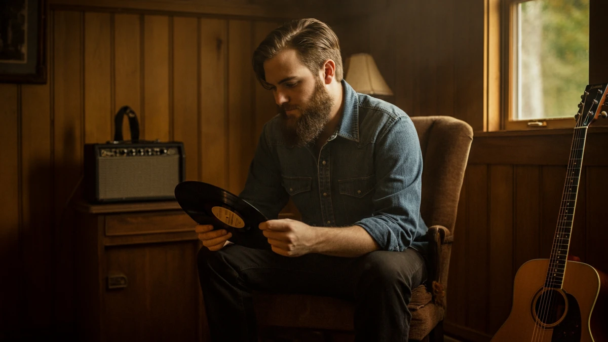 A bearded folk singer in a rustic room thoughtfully examines a vinyl record, with an acoustic guitar nearby.