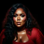 Editorial portrait of a pop singer in red against a black backdrop with dramatic side lighting.