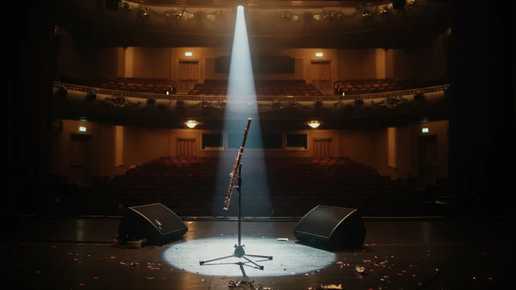 A single silver flute stands alone on an empty, dark concert stage, lit by a single spotlight from above.
