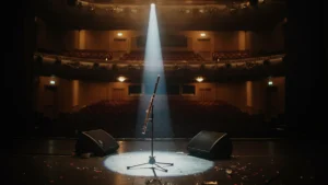 A single silver flute stands alone on an empty, dark concert stage, lit by a single spotlight from above.