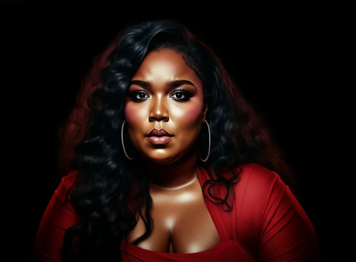 Editorial portrait of a pop singer in red against a black backdrop with dramatic side lighting.