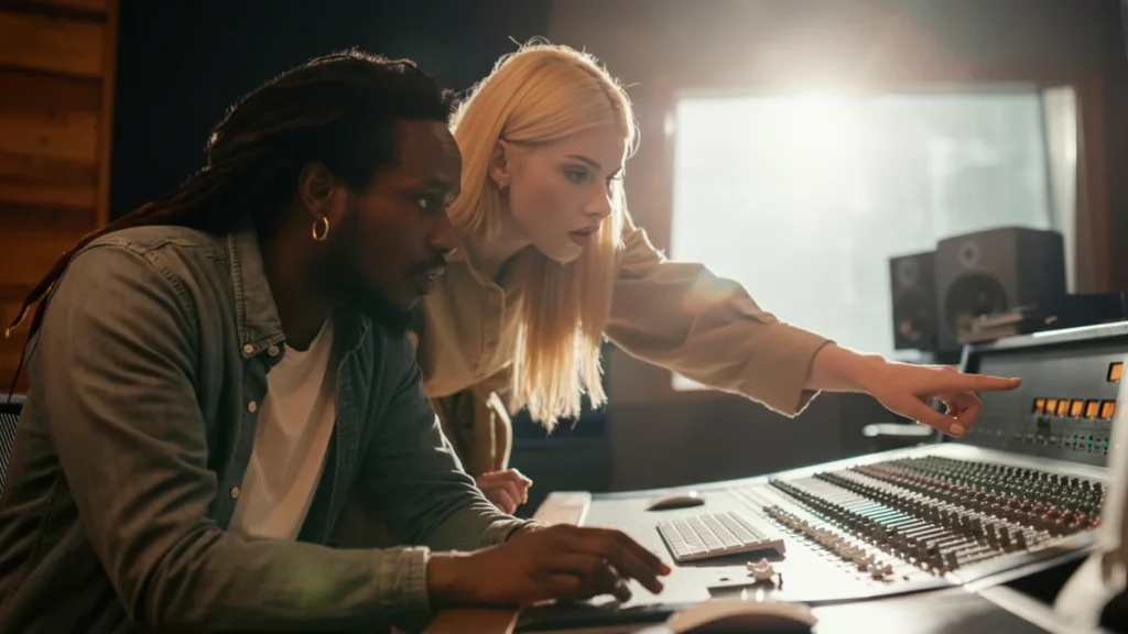 A male producer and a female singer collaborating together in a bright, modern music recording studio.