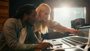 A male producer and a female singer collaborating together in a bright, modern music recording studio.