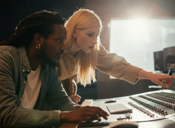 A male producer and a female singer collaborating together in a bright, modern music recording studio.