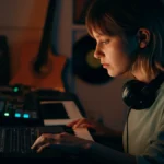 A young female producer in a warmly lit home studio at night, focused on her laptop with headphones on.