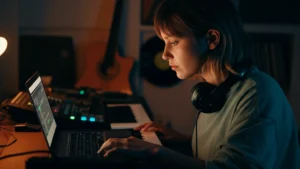 A young female producer in a warmly lit home studio at night, focused on her laptop with headphones on.