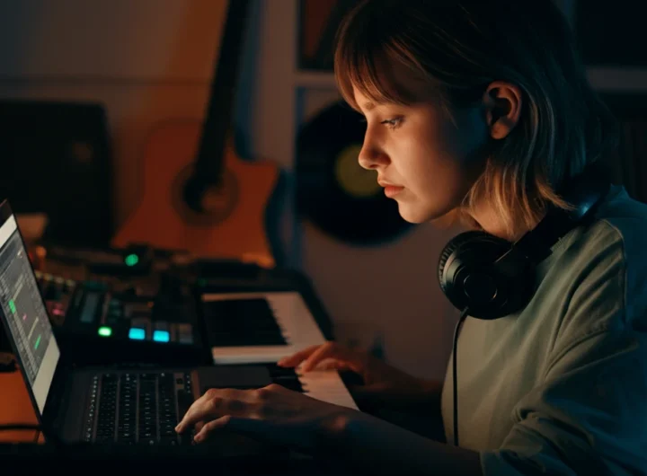 A young female producer in a warmly lit home studio at night, focused on her laptop with headphones on.