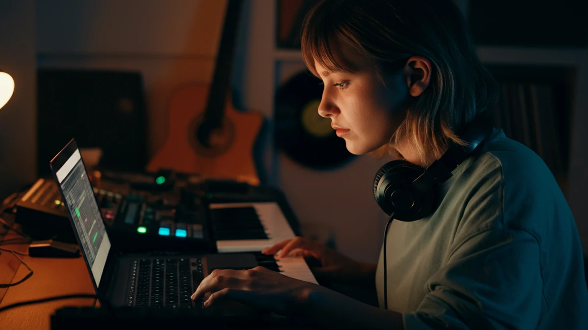 A young female producer in a warmly lit home studio at night, focused on her laptop with headphones on.